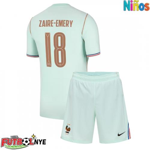 Camiseta Francia Warren Zaire-Emery #18 Visitante Equipación para niños Mundial 2026 manga corta (+ pantalones cortos)